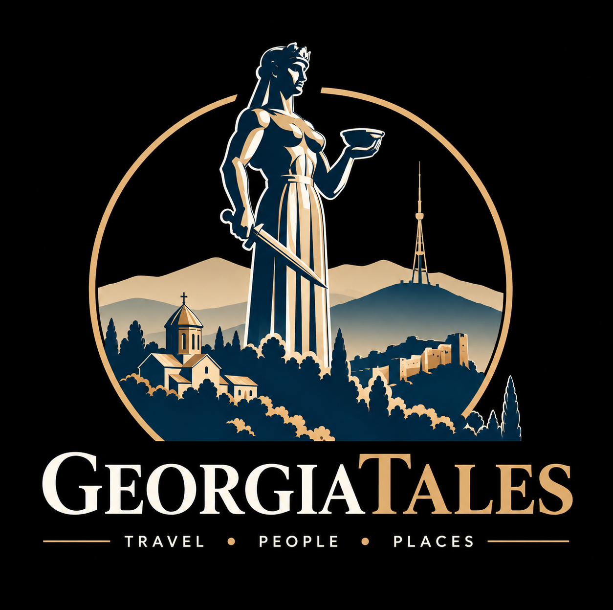 GeorgiaTales travel logo with Mother of Georgia and Tbilisi skyline on dark background