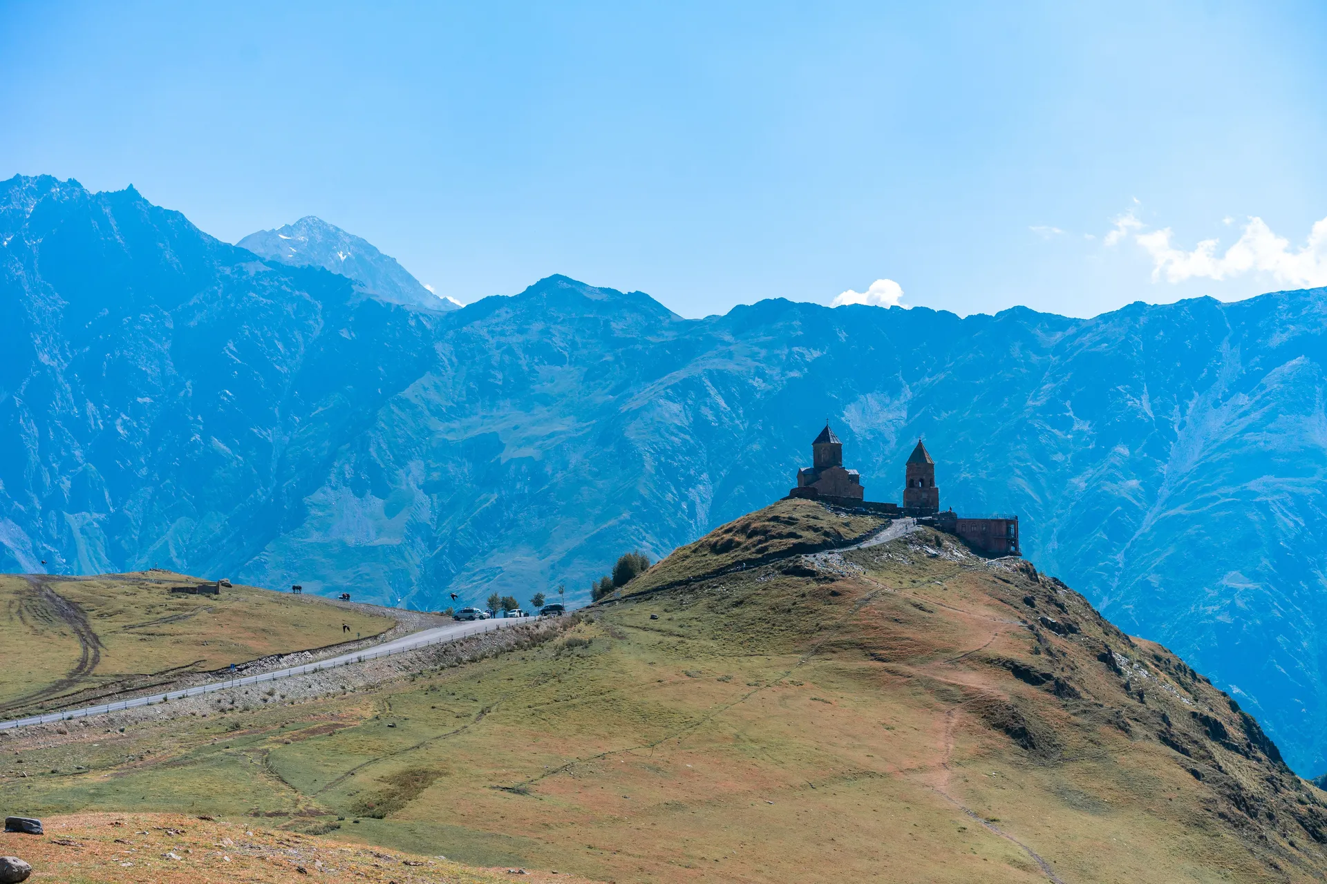 Gergeti Trinity Church above Stepantsminda in the Kazbegi mountains, Georgia