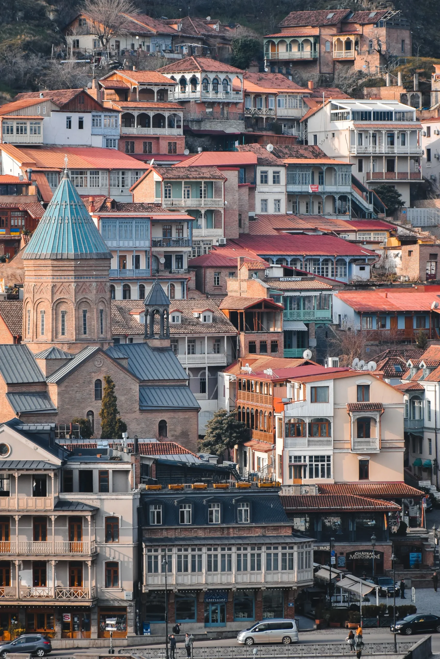 Historic houses and balconies in Tbilisi Old Town near the Abanotubani sulfur baths district