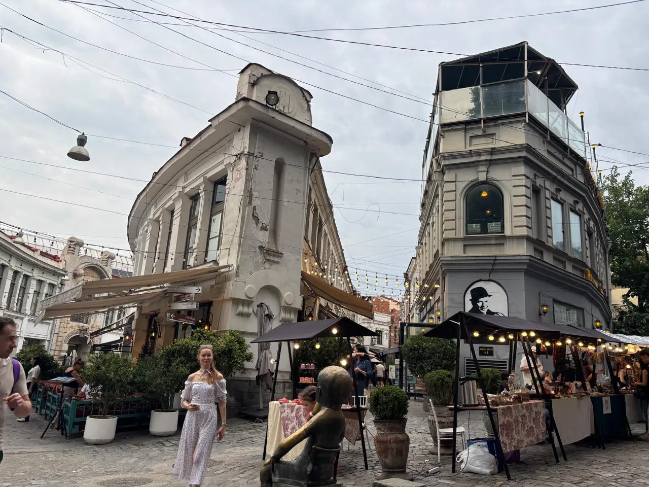 Pedestrian street and small market stalls in Tbilisi Old Town