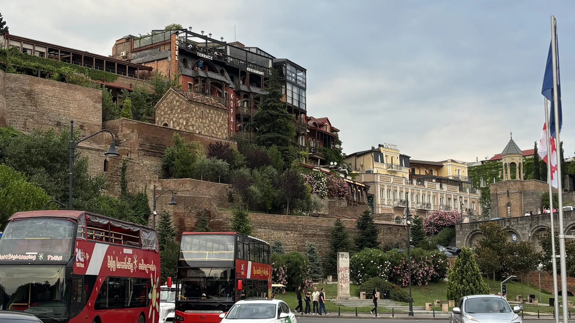 City bus and street scene in Tbilisi Old Town